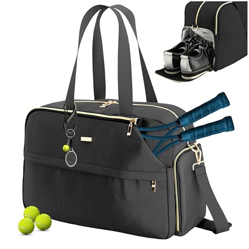 Tennis Bag for Women with Shoe Compartment, Large Tennis Racket Bag Fits 2 Racquets, Pickleball Gym Sports Tote with Shoulder Strap & Water Bottle Pocket - color: Black