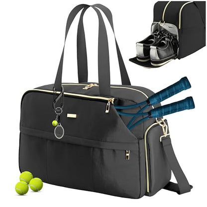 Tennis Bag for Women with Shoe Compartment, Large Tennis Racket Bag Fits 2 Racquets, Pickleball Gym Sports Tote with Shoulder Strap & Water Bottle Pocket - color: Black