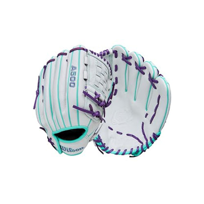 Wilson 2026 A500 Siren Fastpitch Softball Gloves - color: White/Seafoam/Purple, size: Infield/Pitcher: 12"