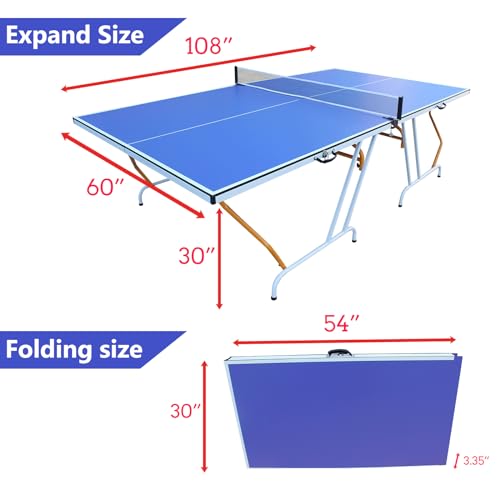 9ft Mid-Size Foldable Table Tennis Table Set - Portable Ping Pong Table for Indoor & Outdoor Games with Net, 2 Paddles, and 3 Balls