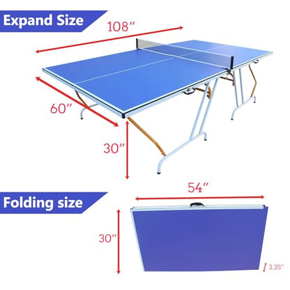 9ft Mid-Size Foldable Table Tennis Table Set - Portable Ping Pong Table for Indoor & Outdoor Games with Net, 2 Paddles, and 3 Balls
