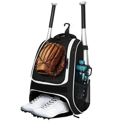 LARIPOP Youth Baseball Bag, Bat Backpack with Fence Hook & Separate Shoe Compartment, Waterproof Equipment Bag for Baseball, T-Ball & Softball - color: Black White