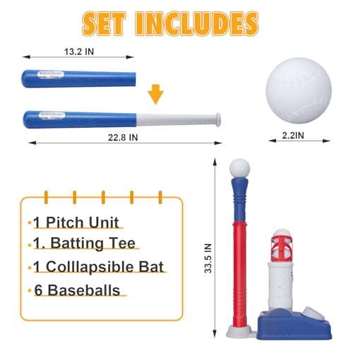 EagleStone Baseball Tee，T-Ball Set for Kids Ages 3-5, Toddler Baseball Set with Step-On Pitching Machine, Adjustable Batting Tee, Bat and 6 Balls - Perfect Outdoor Christmas Toys Gift for Boys - style: Pitching