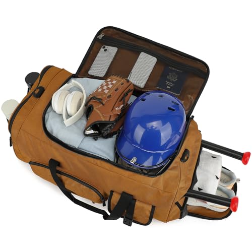 Large Baseball Duffle Bag Softball Backpack for Adult & Youth, 65L Spors Gym Duffel Equipment Bag with Shoe Compartment and Bat Holder, Catchers Gear Bag Fits Batting Mitten, Tball Gear, Helmet - color: Brown