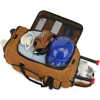 Large Baseball Duffle Bag Softball Backpack for Adult & Youth, 65L Spors Gym Duffel Equipment Bag with Shoe Compartment and Bat Holder, Catchers Gear Bag Fits Batting Mitten, Tball Gear, Helmet - color: Brown