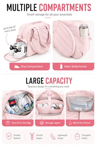 Pickleball,Tennis Racket Bag,Gym Bag for Women,Man. Quilted, Holds 2 Rackets with Shoe Compartment. Sport Bag for Gym, Court, Travel Duffle Bag - color: Candy Pink