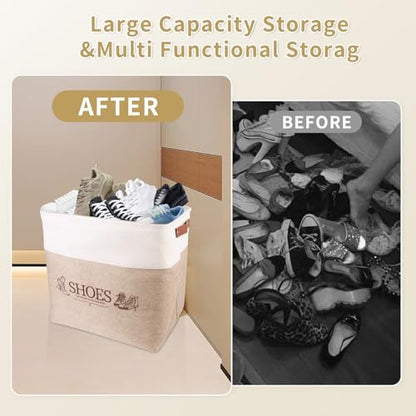 Shoe Basket Organizer, Large Capacity Fabric Entryway Shoe Storage Bin with Handle, Flodable Space-Saving Shoe Basket for Entryway, Hallway, Entryway and Mudroom - color: Khaki, style: Leather Buckle