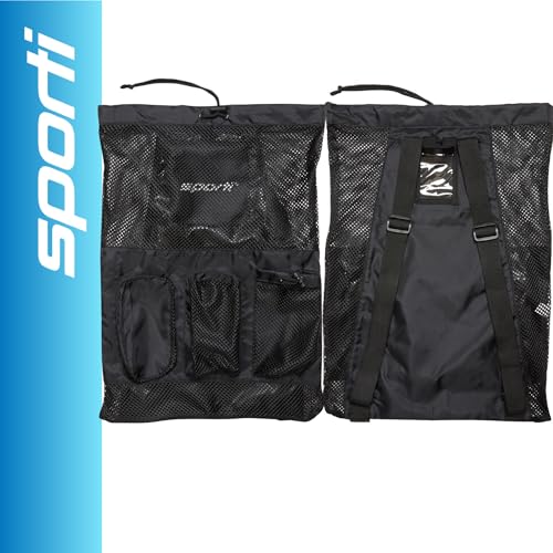 Sporti Swimming Equipment Bag Zipper Pocket, Mesh Drawstring Backpack, Drawstring Bags, Big Mesh Backpack for Workout Gear - color: Equipment - Black, style: 4. Two Shoulders & Pockets