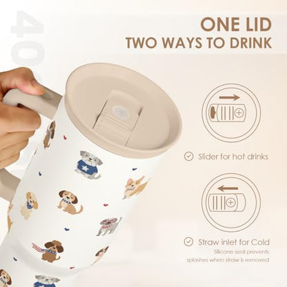 SANDJEST Dogs 40oz Tumbler with Handle and Straw, Insulated Stainless Steel Travel Coffee Mug for Women Girls Dog Lovers Dog Mom, Gift Idea for Birthday Christmas Mothers Day - color: Dog 1