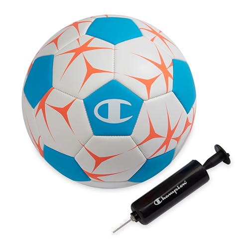 Champion Soccer Ball Youth & Adult – Matte Finish, 32-Panel Design, Enhanced Control, Sizes PVC Cover, Sizes 3,4 and 5 for Indoor & Outdoor Training, Includes 6" Pump - color: White/Fierce Tide/ Very Coral, size: 5