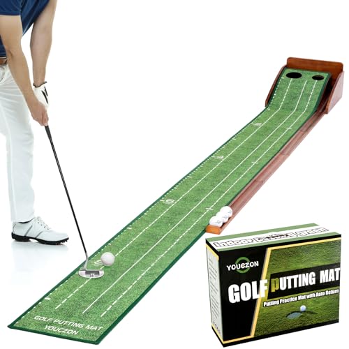 YOUCZON Putting Green Indoor,Golf Putting Mat with Auto Ball Return,Premium Crystal Velvet Surface, Practice Putting mat, Perfect Training Aid & Gift for Golf Lovers Christmas - color: brown two holes