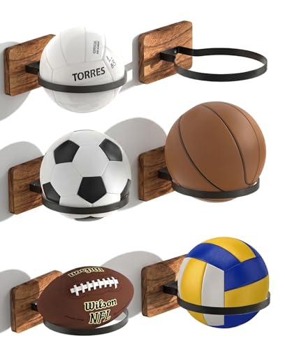 Wall Mount Basketball Holder with Wooden Base – Ball Storage Display Rack for Autograph Basketball, Football, Soccer, Volleyball – Sports Organizer for Player Fans, Home Gym, Bedroom, Garage