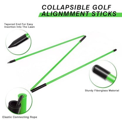 Professional 2 or 3 or 4 Pack Collapsible Golf Alignment Sticks, Premium 40" Alignment Golf Stick Ideal for Aiming, Putting and Swing Practice - color: 3 Pack Green