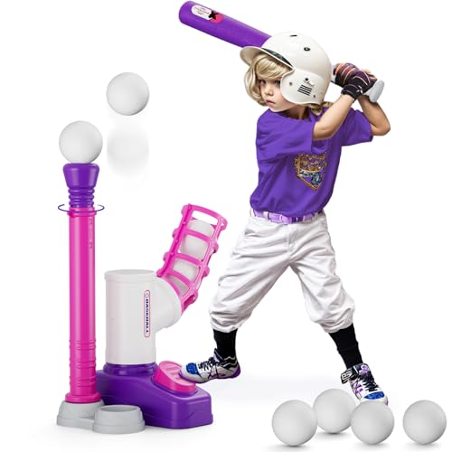 HYES Tball Set for Toddlers 3-5, Tee Ball Set with Step on Pitching Machine/Adjustable Batting Tee/Retractable Baseball Bat/8 Pop Up Balls, Outdoor Sport Toy Games for Kids Girls