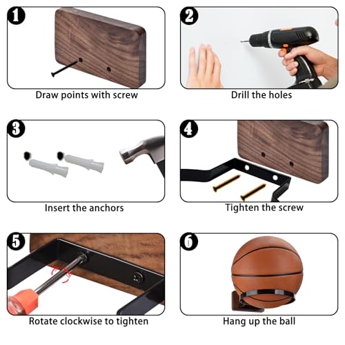 Basketball Holder Wall Mount, Black Walnut Ball Storage Wall Decorations for Basketball, Football, Soccer, Volleyball Collection, Stylish Basketball Rack Display for Home Decor