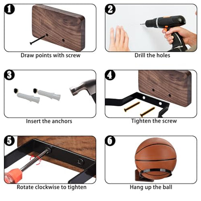 Basketball Holder Wall Mount, Black Walnut Ball Storage Wall Decorations for Basketball, Football, Soccer, Volleyball Collection, Stylish Basketball Rack Display for Home Decor