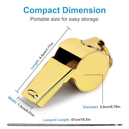 iDIGMALL Gold Whistle with Lanyard, Loud Crisp Sound Stainless Steel Sports Whistle, Durable Metal Whistle Referee Coach Whistles for Football Basketball Soccer School Lifeguard Emergency, Pack of 2