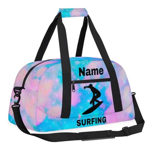 Custom Sport Duffel Bag Surfing Personalized Name Sports Bag Overnight Weekender Bag Waterproof Travel Sport Gym Bags, Blue Pink Glitter - color: Blue Pink, style: Surfing