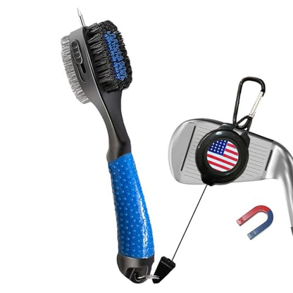 FINGER TEN Retractable Golf Club Cleaner Brush with Magnetic Clip, Durable Nylon Groove Scrub Iron Sharpener Compact Design, Portable Wire Tool for Golf Club Ball Bag Cleaning - color: Blue Brush