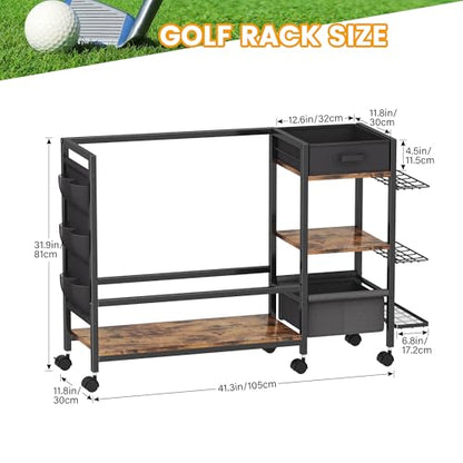 Golf Bag Storage Organizer for Garage, Golf Organizer with Extra Golf Rack and Side Fabric Bag for 20 Golf Clubs & Golf Essentials, Golf Bag Stand for Golf Bag Accessories, Ideal Golf Gifts for Men