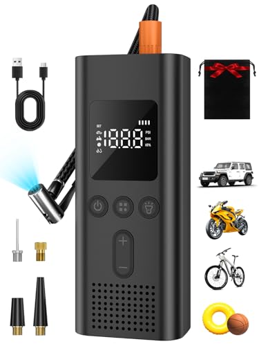Tire Inflator Portable Air Compressor, 150 PSI Fast Inflation Cordless Air Pump with LED Light, Auto Shut-Off, Rechargeable Battery for Car, Motorcycle, Bike, and Sports Balls