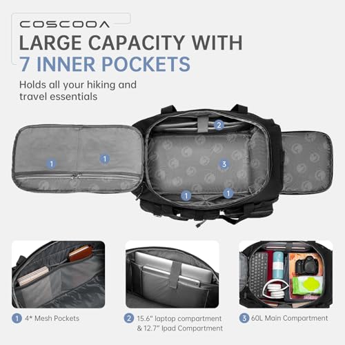 Gym Bags for Men with Shoe Compartment 60L Tactical Duffle Bag 3 in 1 Carry on Duffel Bag Travel Backpack Weekender Overnight Range Bag for Workout Football, Black
