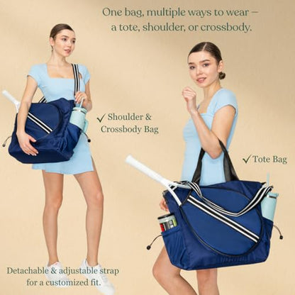Tennis Bag for Women Racket Tote, Stylish Backpack - Unisex Racquet Sports Pickleball Bag Convertible Shoulder, Crossbody Strap Large Compartment - color: Tote - Navy/Black Stripe
