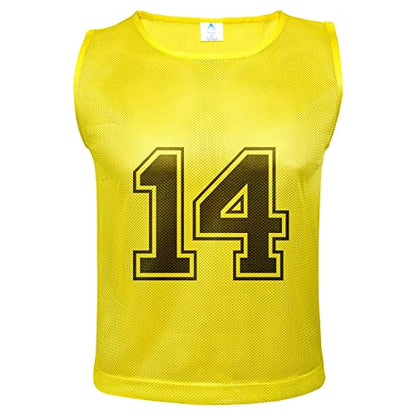Athllete 12 pcs Duramesh Pinnies/Scrimmage Vest - Kids Youth and Adult Pinnies, Numbered Penny Jerseys for Soccer - color: Golden Yellow Numbered Front/Back (13-24), size: Medium