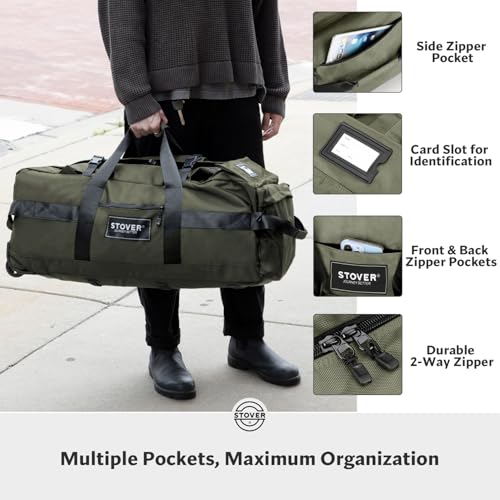 STOVER 45/80/100L Rolling Duffel Bag with Wheels, X-Large Durable Travel Duffle + Toiletry Bag, Heavy Duty, Packable with Shoulder Straps- Use as Luggage or Backpack, Men/Women (Green) - color: Green