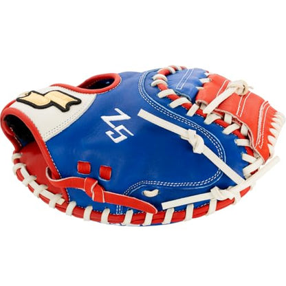 SSK Z5 Craftsman Baseball Catcher’s Mitt – 32.5” - 33” - 33.5” - 34" – Right & Left Hand Throw - color: Royal/White/Red, size: 32.50" - Left Hand Throw