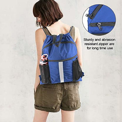 BeeGreen Drawstring Backpack Bag with Shoe Compartment, X-Large Black Gym Sports String Cinch Backpack - color: Royal Blue