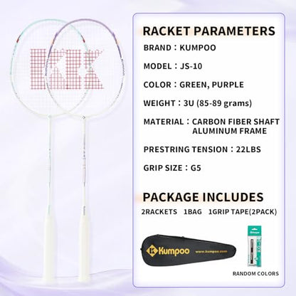 Badminton Racket Set of 2, Carbon Shaft Aluminum Frame Badminton Rackets for Outdoor Backyards Games, Badminton Racquets Set with 2 Overgrips and 1 Bag