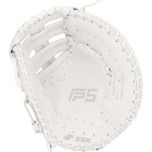 SSK FP5 Fastpitch Softball First Base Mitt 12.5” – 13” Right & Left Hand Throw Premium Full Leather Softball Glove - color: White/Black, size: 13" - Left Hand Throw