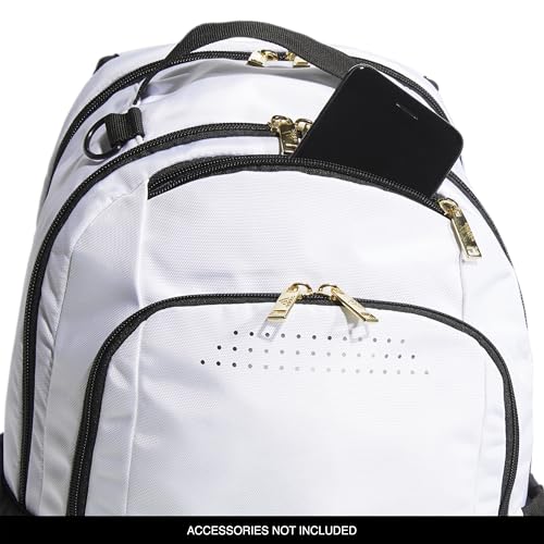 adidas Defender Sports Backpack with Shoe Compartment, Soccer Bag - color: White/Black/Gold Metallic