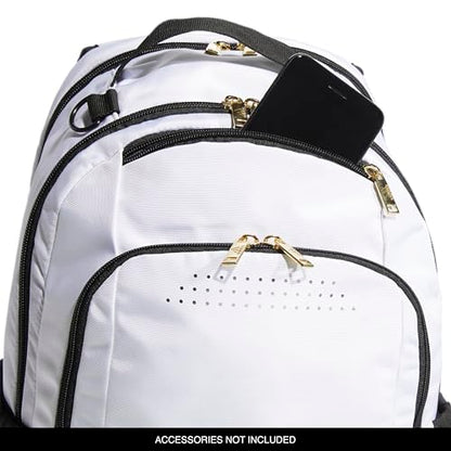 adidas Defender Sports Backpack with Shoe Compartment, Soccer Bag - color: White/Black/Gold Metallic