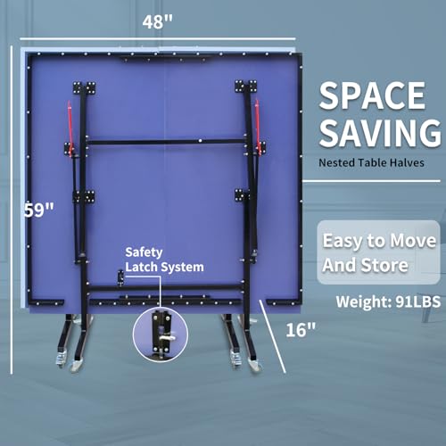 IUNNDS Portable Table Tennis Table 6/8/8.5/9FT Foldable Ping Pong Game Set for Indoor with Net and Post Set, 2 Paddles and 3 Balls - color: Blue-8FT with Wheel