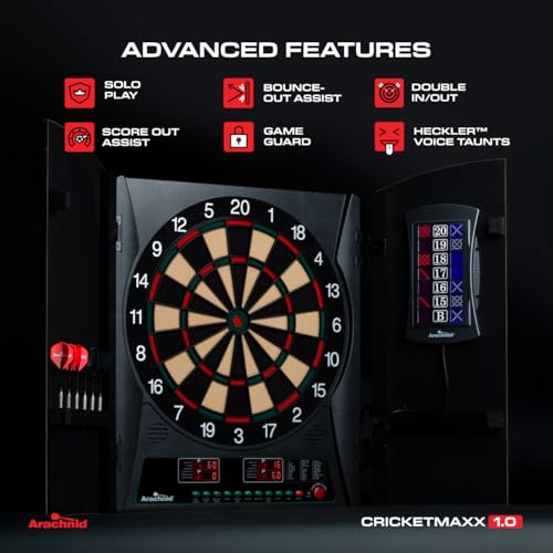 Arachnid CricketMaxx 1.0: 13.5” recreation size with wood cabinet. Features 34 games, 183 variations, 8-player LED X/O scoring, and Heckler mode. Integrated storage for darts and accessories