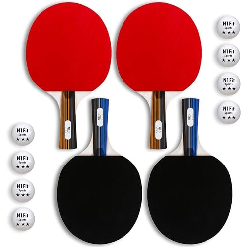 N1fit Ping Pong Paddle Set - 4 Professional Rackets, Retractable Net, 6 Pig Pong Balls, Carry Case - Indoor and Outdoor Table Tennis Play