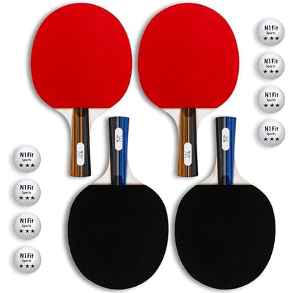 N1fit Ping Pong Paddle Set - 4 Professional Rackets, Retractable Net, 6 Pig Pong Balls, Carry Case - Indoor and Outdoor Table Tennis Play