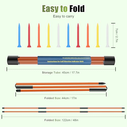 Golf Alignment Sticks 2 Pack, 48″Collapsible Practice Rods for Aiming/Putting, Golf Training Aid for Swing Trainer with Clear Tube Case, Foldable Training Rods with 10 Golf Tees - color: Orange