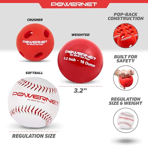 PowerNet Recreation Softball Bundle, Crusher Training Balls, Weighted Softballs and Padded Bucket, Pitching & Batting Practice Equipment (12 Softballs, 12 Crushers & 6 Weighted Balls)
