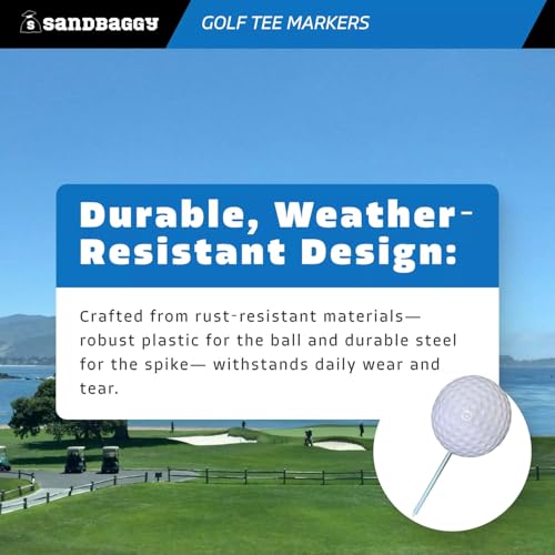 Sandbaggy Plastic Tee Markers for Golf Course (UV Resistant) - Steel Spike - Safety Caps Included - color: White