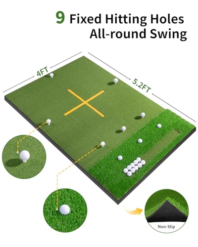5.2x4ft & 6x4ft 21mm-50mm Dual-Turf Golf Mat with Ball Tray, Thickened Golf Hitting Mat with 9 Hitting Holes, Alignment Aid Practice Mat for Hitting, Driving Chipping, Swinging, Gifts for Men/Dad/Him