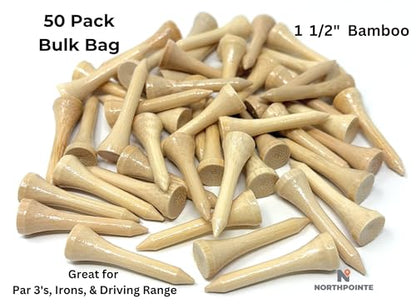 NorthPointe 1 ½” Short Golf Tees – Bamboo Short Tees Golf for Irons, Par 3 Tees, Hybrids, and Driving Range - Pack of 50 or 100 Bulk High Visibility Durable
