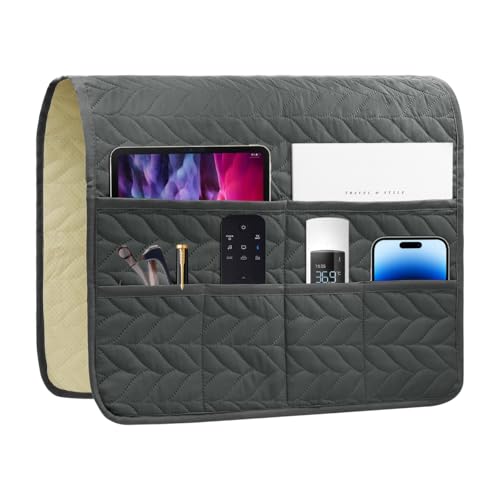 Sofa Armrest Organizer Arm Chair Caddy for Recliner, Remote Control Holder for Recliner, Non-Slip Armchair Caddy with 6 Pockets Storage for Magazine, Tablet, Phone, Dark Grey