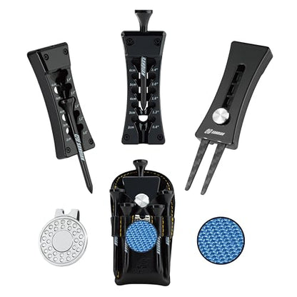 SANDIAN, All-in-1 Value Pak, Adjustable Golf Tee Height Setter with Divot Tool, Genuine Carbon Fiber Made Pitchfork, Super Lightweight, T800 Ball Marker, Hat Clip, Tees, Leather Holster, Zipper Case - color: Shiny Black Full