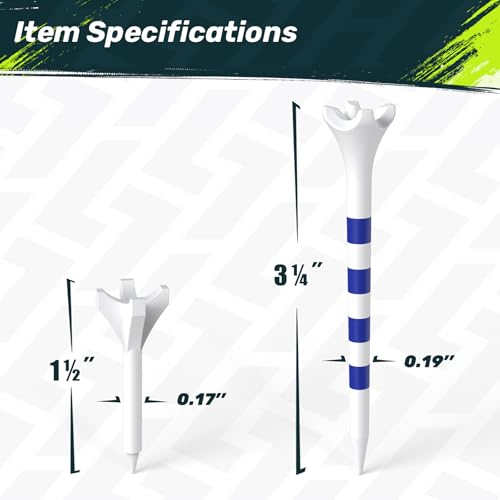 SAPLIZE Upgraded 4-Prong Golf Tees Plastic, 50/100/120/200 Pack (1-1/2", 2-3/4'', 3-1/4"), Engineered to Reduce Friction & Side Spin, Unique Golf Gifts for Golfers - color: Blue (100pcs, 3-1/4'') & White (20pcs, 1-1/2'')
