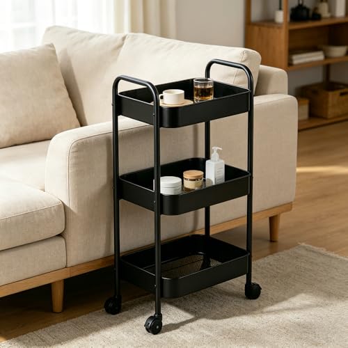 3-Tier Metal Rolling Utility Cart with Handle, Multi-Functional Storage Trolley for Office, Living Room, Kitchen, Movable Storage Organizer with Wheels, Black