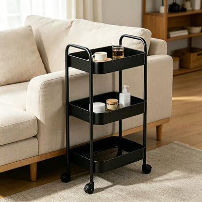 3-Tier Metal Rolling Utility Cart with Handle, Multi-Functional Storage Trolley for Office, Living Room, Kitchen, Movable Storage Organizer with Wheels, Black