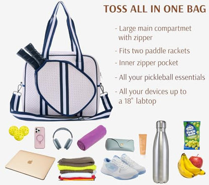 Pickleball Sports Tote Bag with Racket Holder, Neoprene, Adjustable Shoulder Strap - color: White